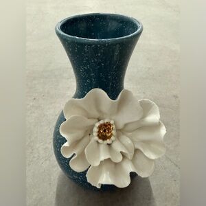 Anthropologie Teal Colored Flower Vase with Hand Crafted Porclain Flower